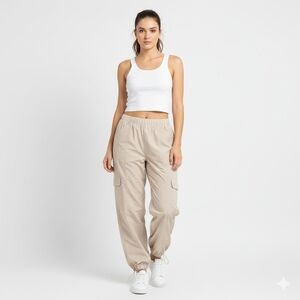 NWOT WILO the Label Cream Nylon Parachute Cargo Cinch Baggy Pants, Sz S